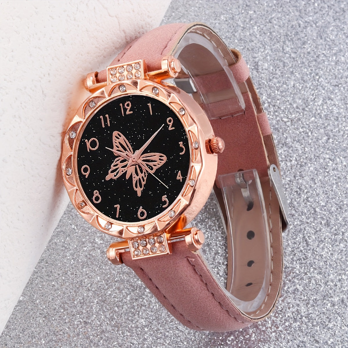 6pcs Lovely Pink Butterfly Shell Quartz Watch, Bracelet, Necklace & Earrings Set - Pointer Display, Electronic Quartz Movement, Non-Rechargeable Battery – Ideal Gift for Valentine’s Day, Easter & Eid al-Fitr – Best Pres